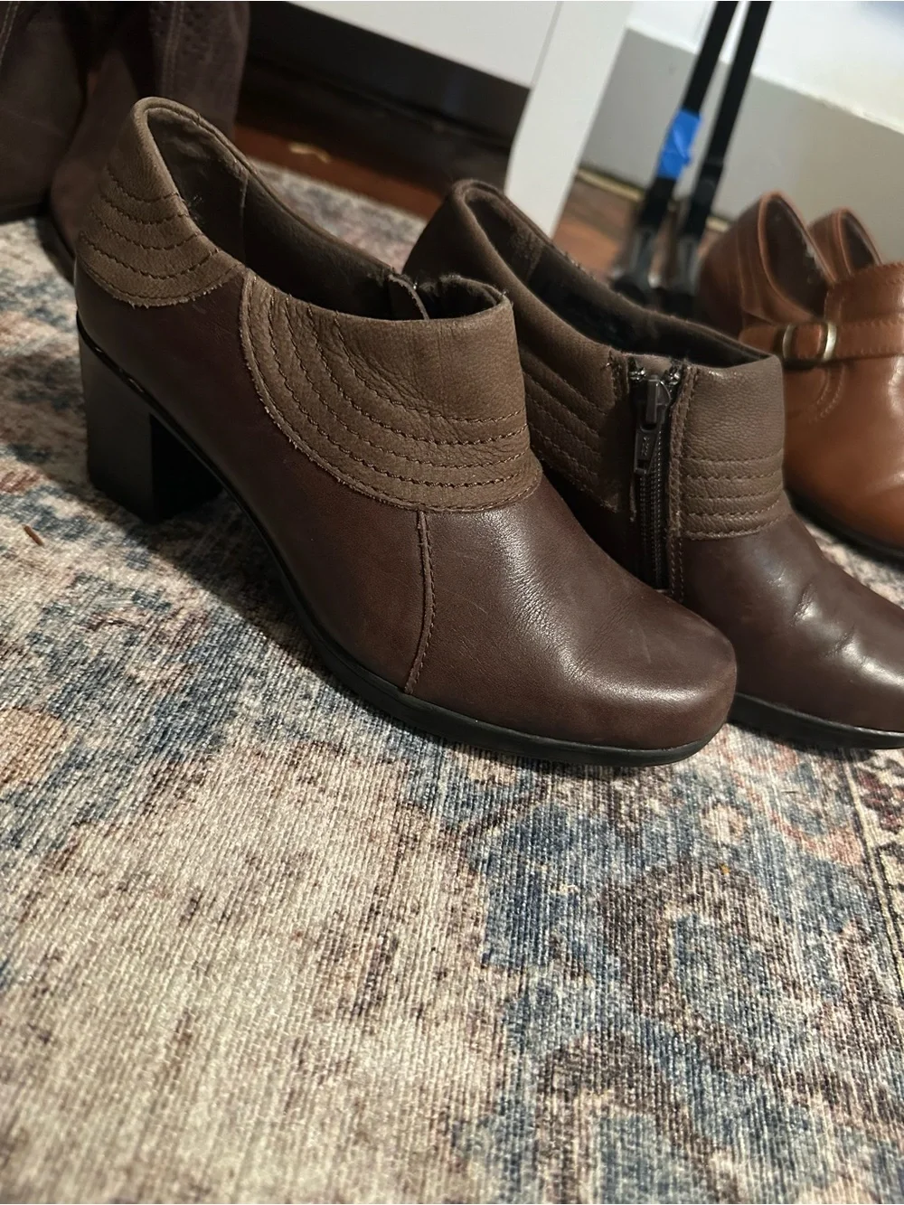 Clarks Brown Leather Ankle Boots Block Heel Side Zip Stitched Detail